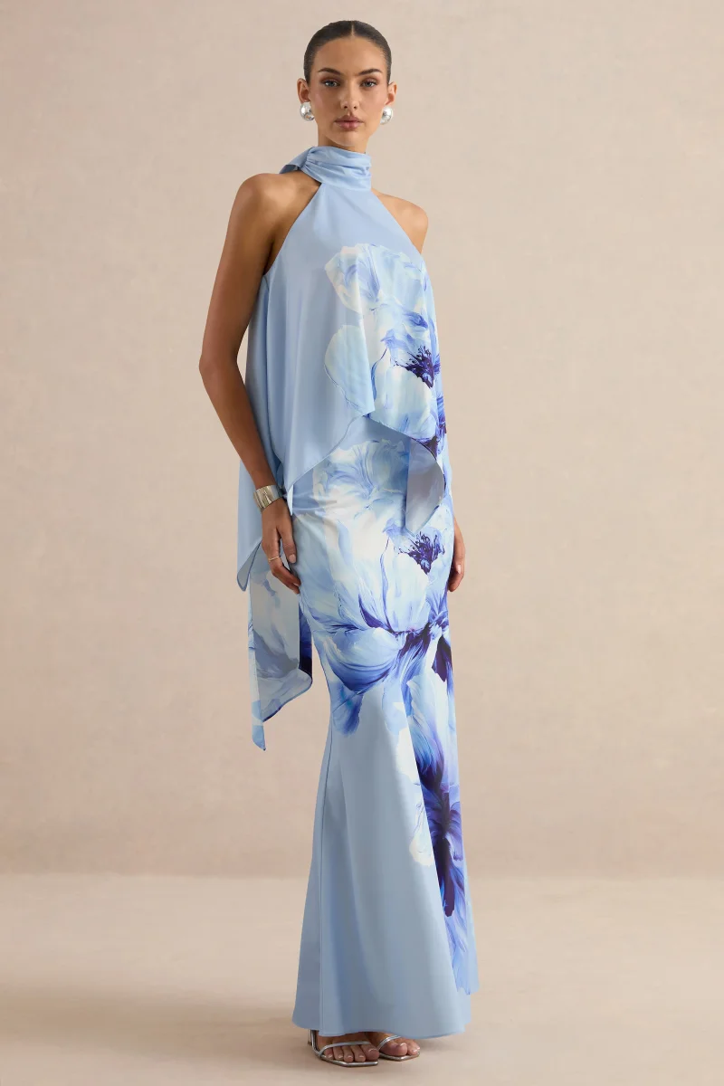 Vayla | Falda Larga Azul Con Estampado Floral, Satén Mate Asimétrica Con Talle Bajo - Imagen 3