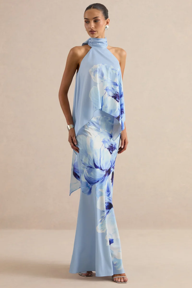 Vayla | Falda Larga Azul Con Estampado Floral, Satén Mate Asimétrica Con Talle Bajo - Imagen 6