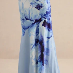 Vayla | Falda Larga Azul Con Estampado Floral, Satén Mate Asimétrica Con Talle Bajo