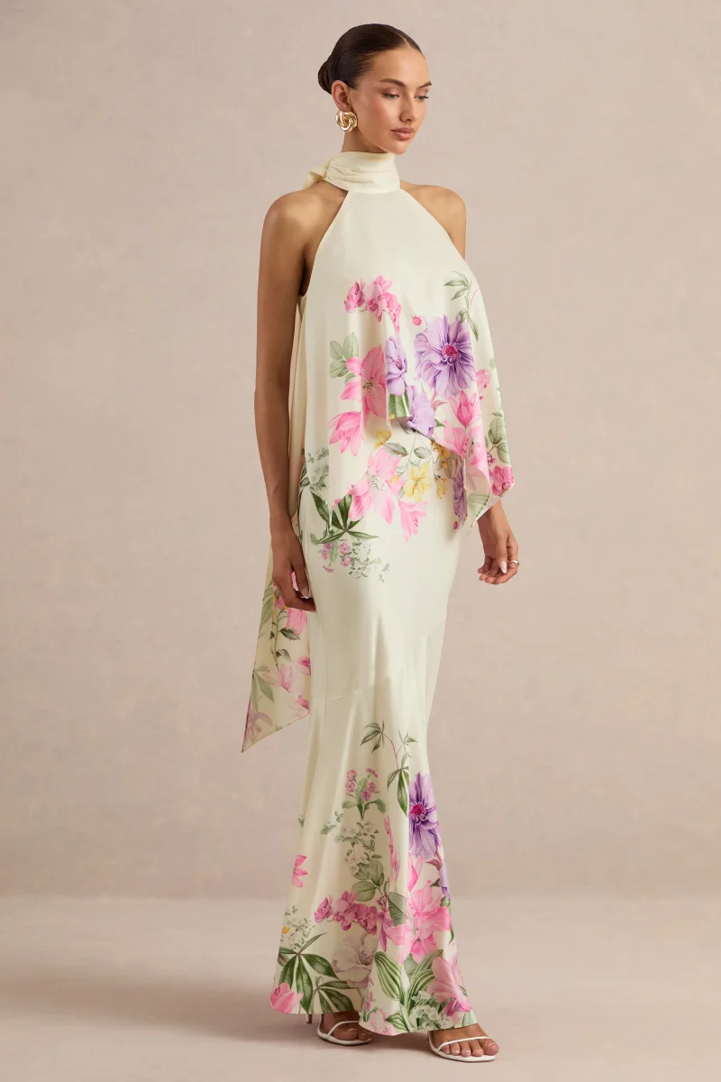 Vayla | Falda Maxi de Talle Bajo Asimétrica en Satén Mate con Estampado Floral en Tonos Crema - Imagen 4