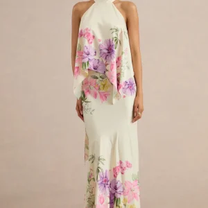 Vayla | Falda Maxi de Talle Bajo Asimétrica en Satén Mate con Estampado Floral en Tonos Crema