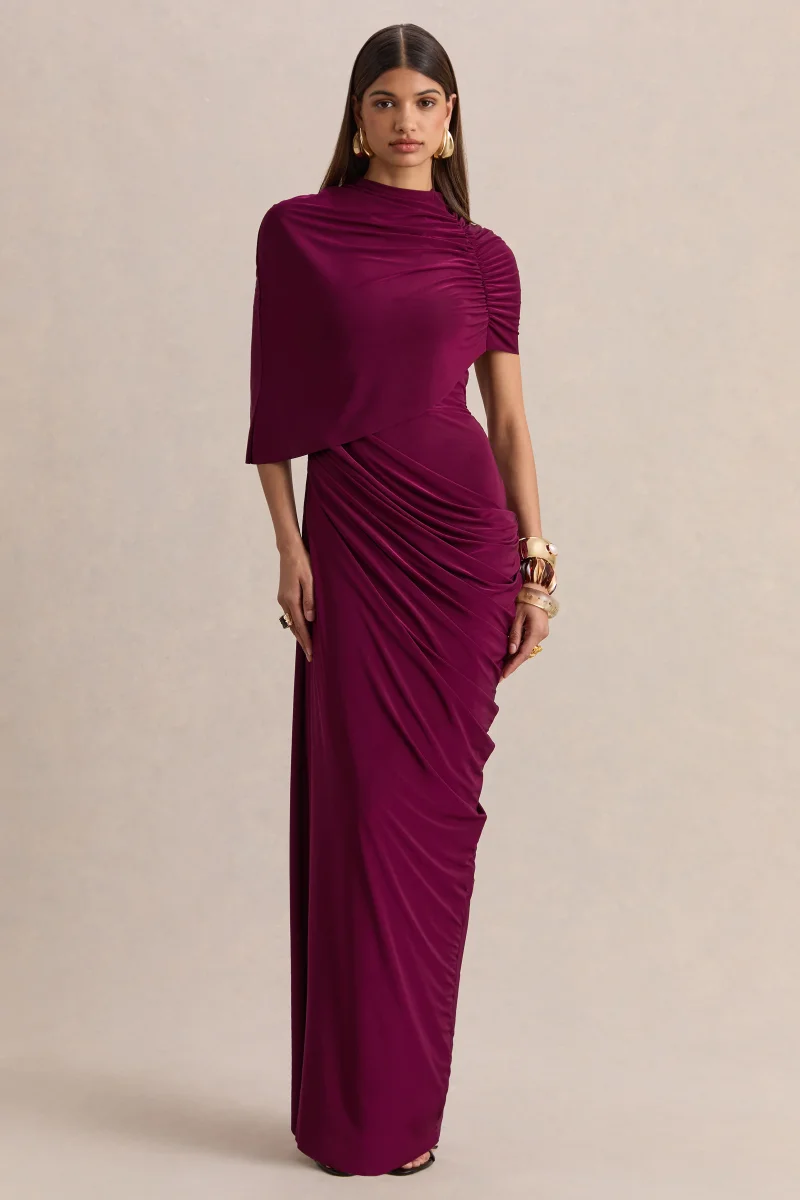 Lunaline | Vestido Largo burdeos de cuello alto con capa asimétrica y detalle drapeado - Imagen 2