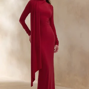 Amaria | Vestido Largo Rojo de Cuello Alto con Detalle de Fajín