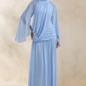 Narella | Vestido Largo De Gasa Azul Con Escote Alto Y Detalle Drapeado