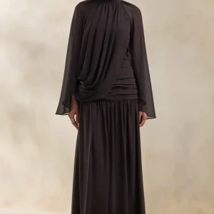 Narella | Vestido Largo De Gasa Marrón Con Escote Alto Y Detalle Drapeado