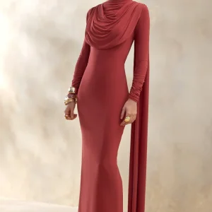 Lysoria | Vestido Largo Óxido de cuello alto con detalles drapeados y mangas tipo capa