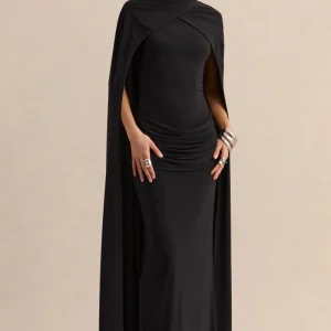 Dianelle | Negro Cuello Alto Vestido Largo con Mangas Capa