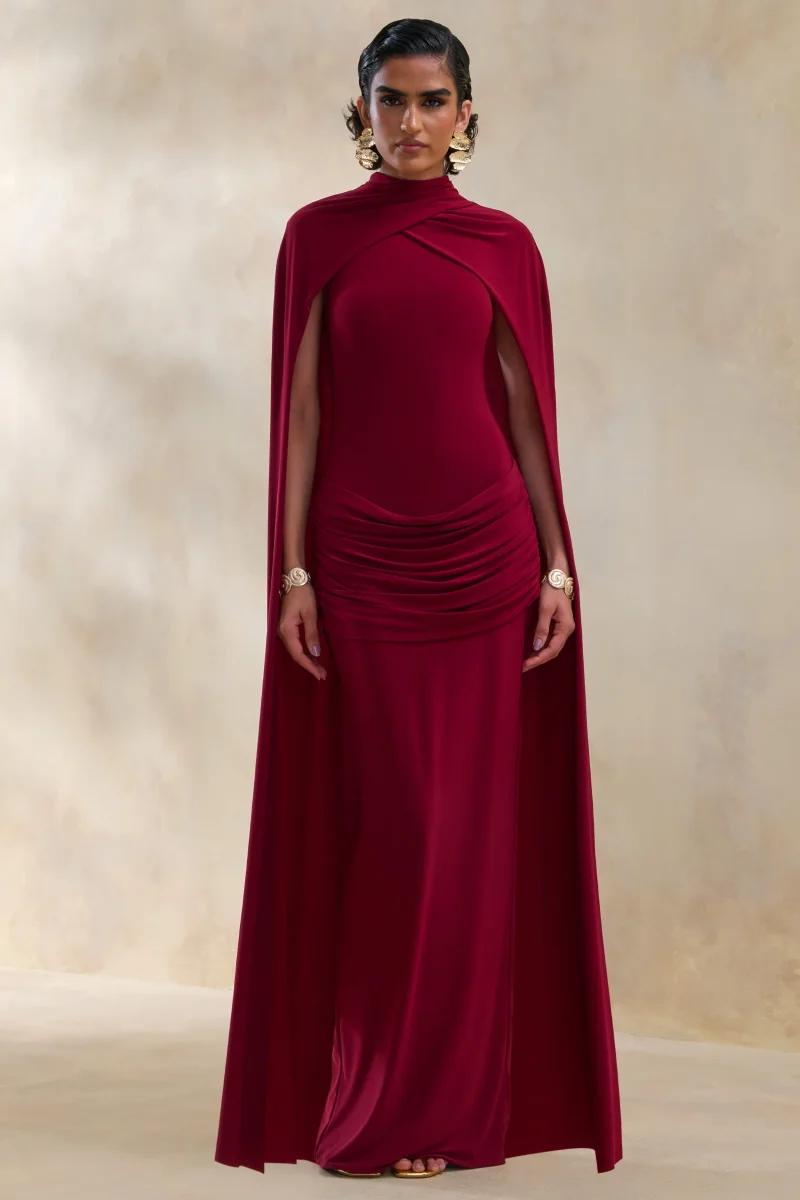 Dianelle | Berry Cuello Alto Vestido Largo con Mangas Capa - Imagen 4