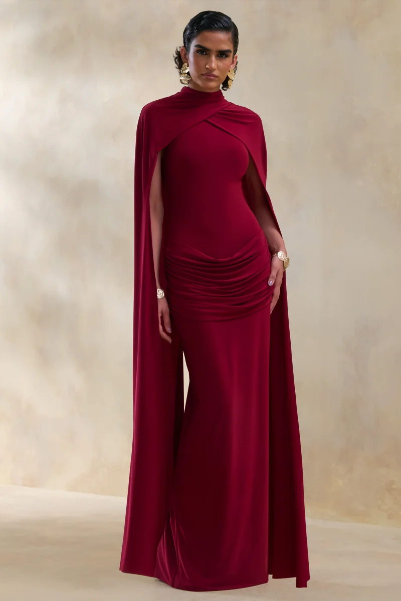 Dianelle | Berry Cuello Alto Vestido Largo con Mangas Capa - Imagen 5