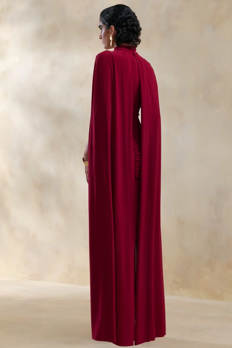 Dianelle | Berry Cuello Alto Vestido Largo con Mangas Capa - Imagen 3