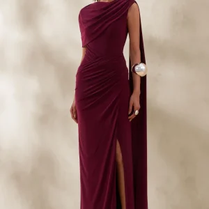 Palomara | Vestido Largo Burgundy De Jersey Con Escote Redondo Y Detalle De Fajín