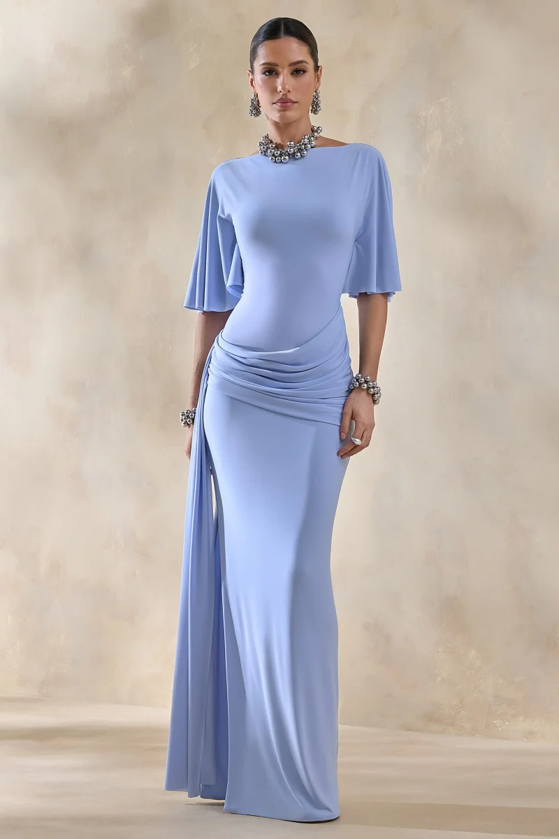 Emerelle | Vestido largo Azul con Escote Ancho, Fajín y Detalle Drapeado - Imagen 5