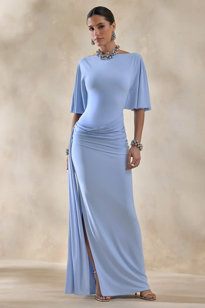 Emerelle | Vestido largo Azul con Escote Ancho, Fajín y Detalle Drapeado - Imagen 6