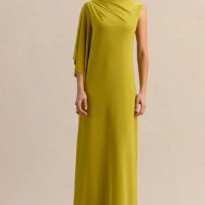 Marosia | Vestido Largo Verde Oliva De Cuello Alto Con Manga Capa