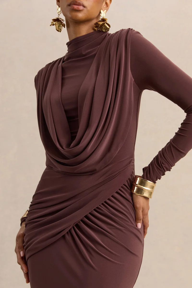 Karinthia | Marrón Cuello Alto Vestido Largo con Detalle Drapeado - Imagen 7