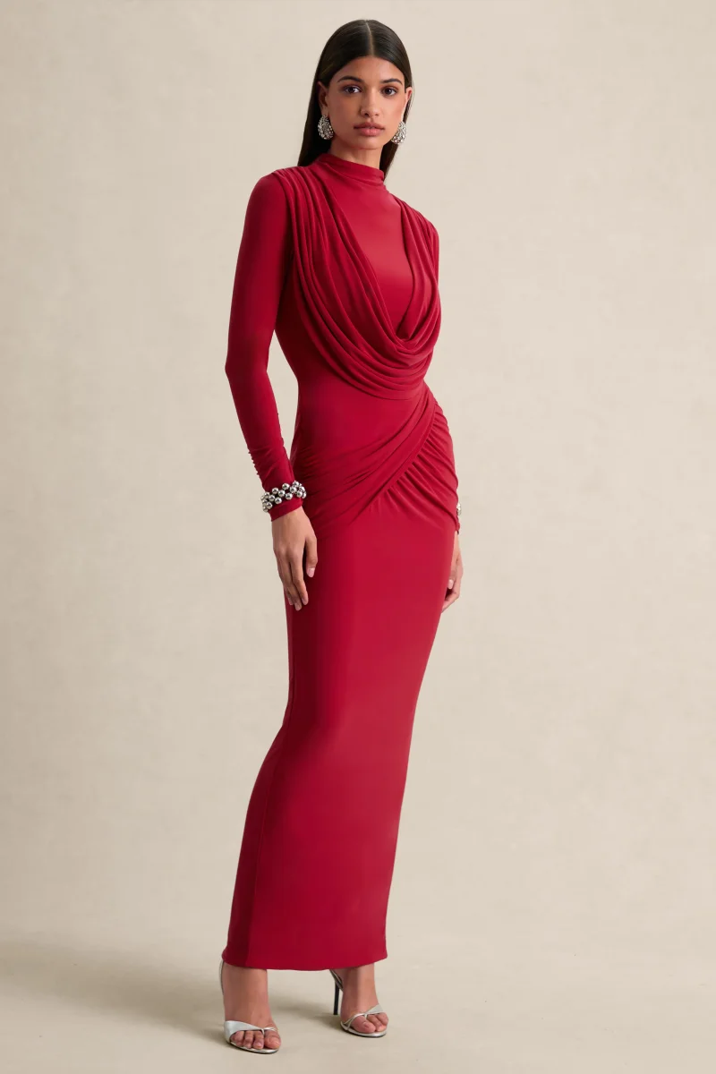 Karinthia | Rojo Cuello Alto Vestido Largo con Detalle Drapeado - Imagen 5