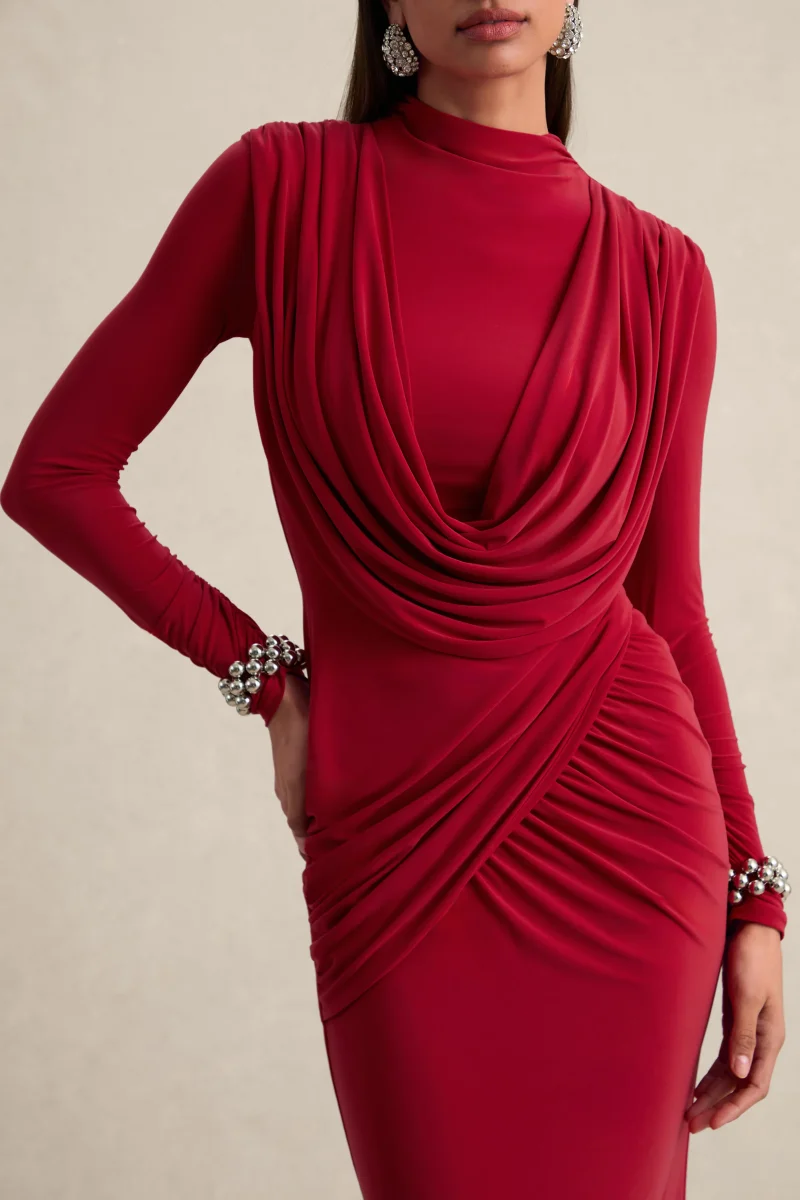 Karinthia | Rojo Cuello Alto Vestido Largo con Detalle Drapeado - Imagen 6
