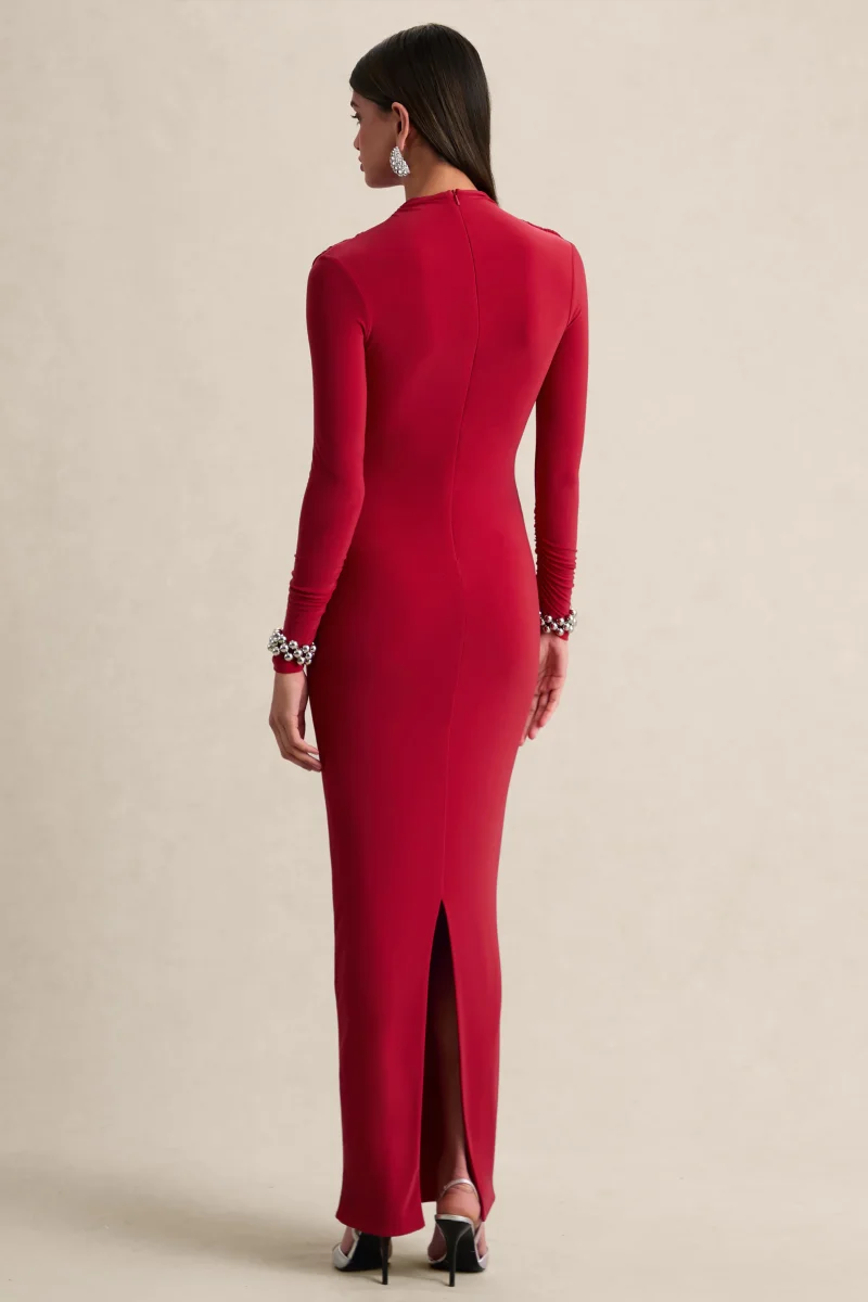 Karinthia | Rojo Cuello Alto Vestido Largo con Detalle Drapeado - Imagen 3