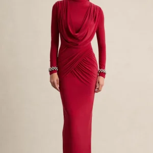 Karinthia | Rojo Cuello Alto Vestido Largo con Detalle Drapeado