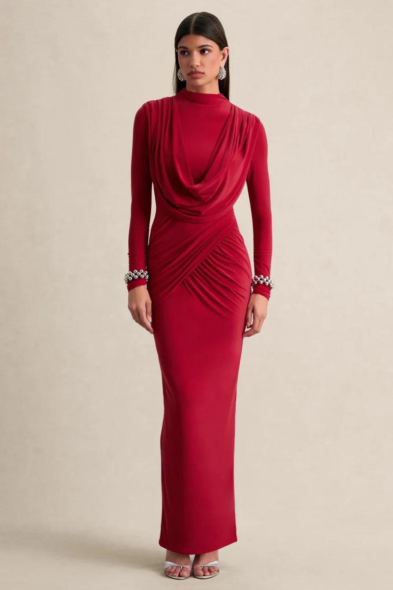 Karinthia | Rojo Cuello Alto Vestido Largo con Detalle Drapeado