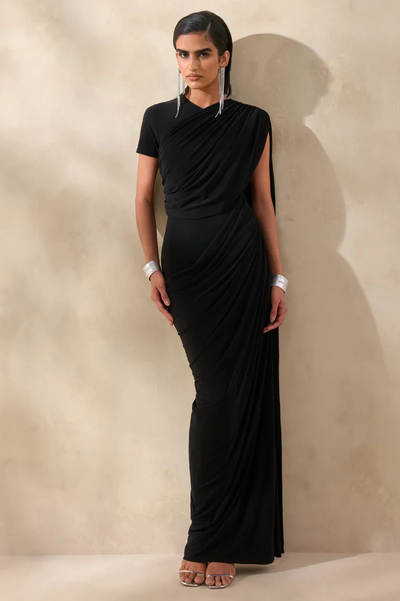 Gisara | Vestido Largo negro de cuello alto con banda y detalle drapeado - Imagen 5