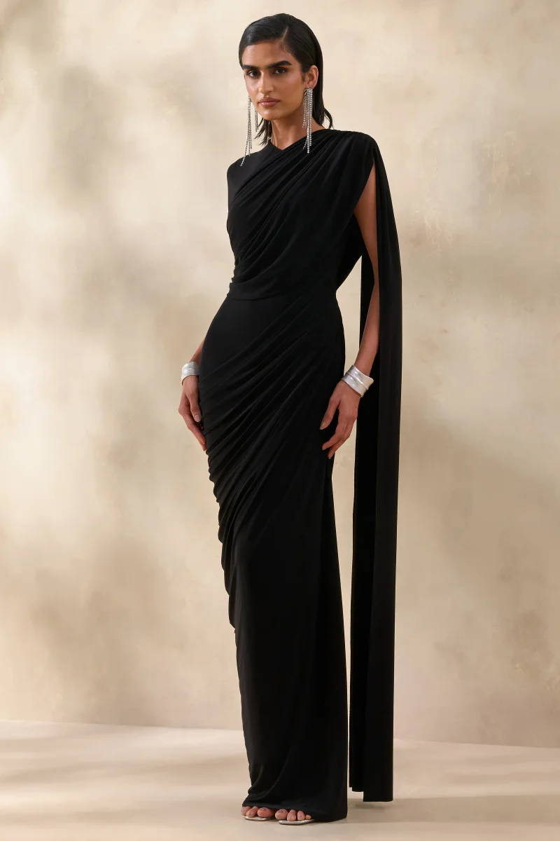 Gisara | Vestido Largo negro de cuello alto con banda y detalle drapeado - Imagen 6