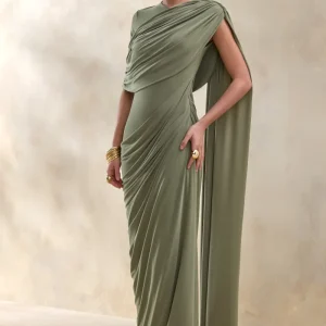 Gisara | Vestido Largo Verde Oliva de cuello alto con banda y detalle drapeado