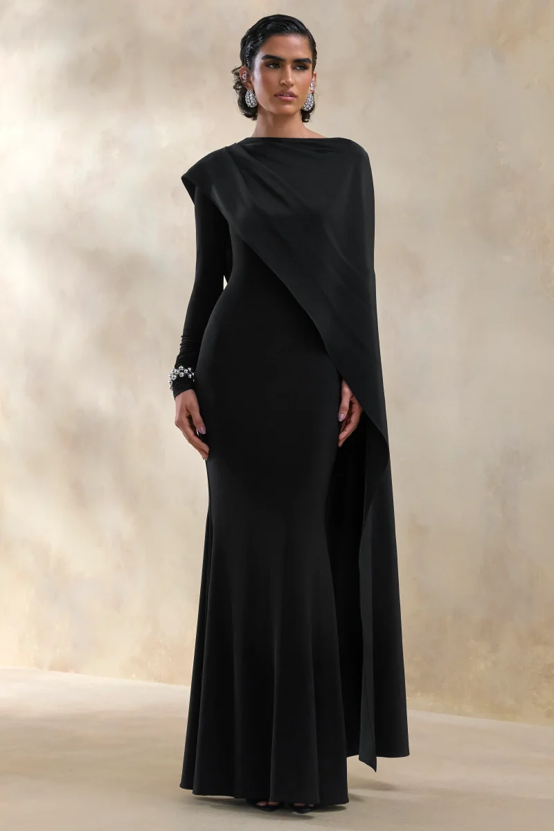 Salenne | Vestido largo de cuello redondo en color negro con capa asimétrica de satén - Imagen 6