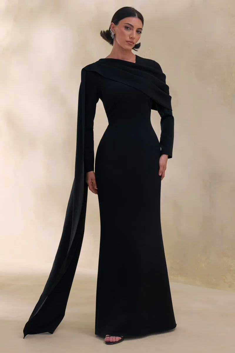 Heliora | Vestido Largo Negro Con Escote En V, Banda Y Detalles Drapeados - Imagen 7