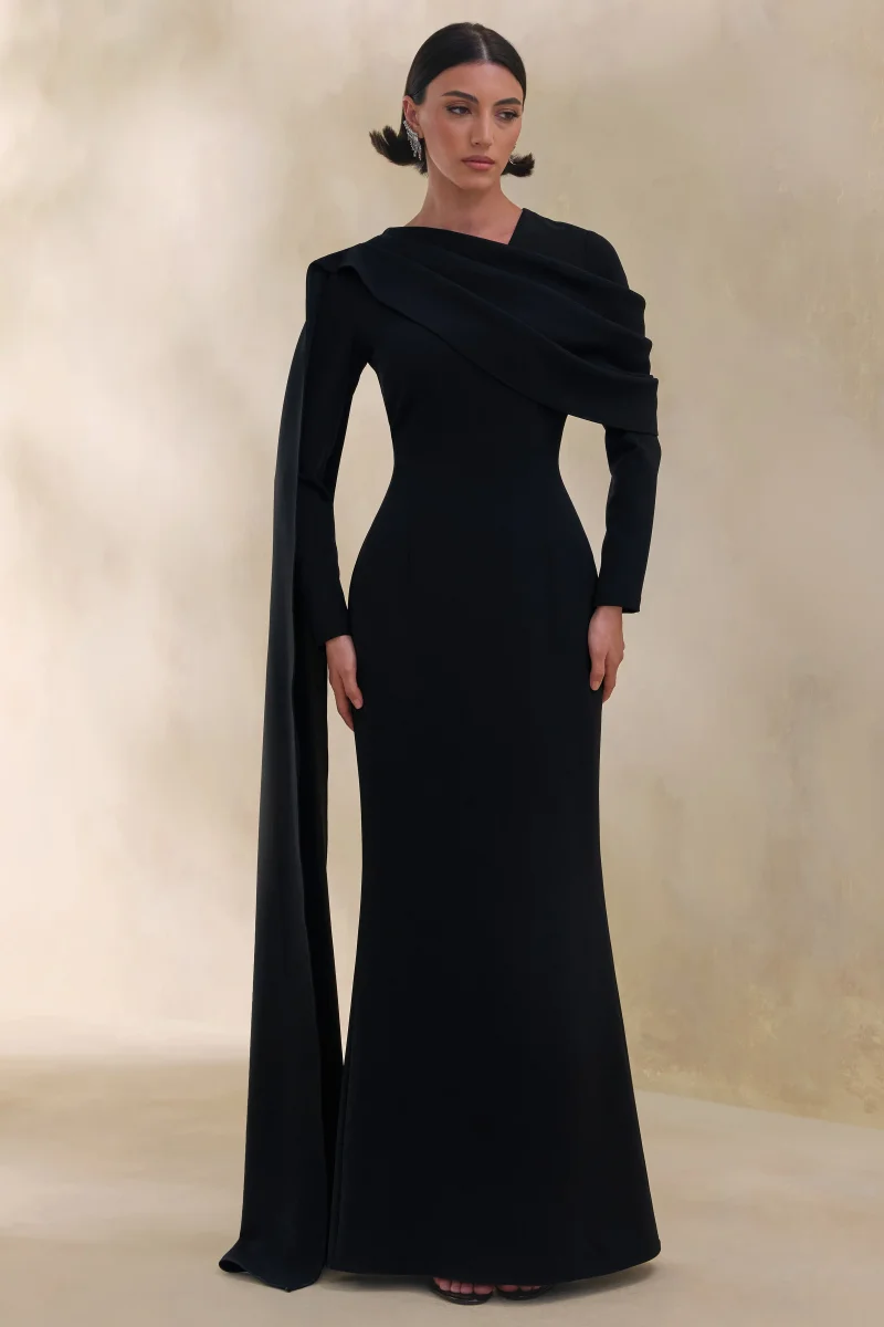 Heliora | Vestido Largo Negro Con Escote En V, Banda Y Detalles Drapeados
