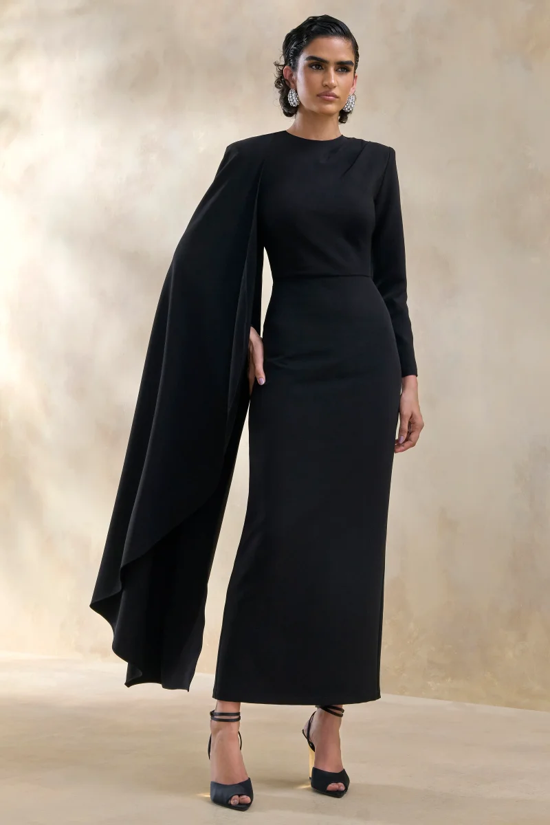 Jovea | Vestido Largo Negro De Crepé Con Escote Redondo Y Manga Capa - Imagen 5