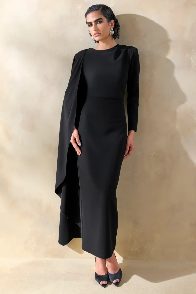 Jovea | Vestido Largo Negro De Crepé Con Escote Redondo Y Manga Capa - Imagen 6