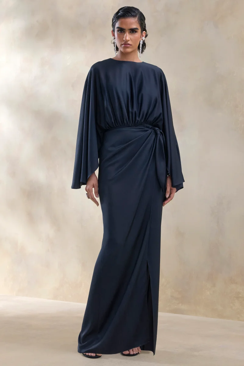 Delphina | Vestido Largo De Satén Azul Marino Con Detalles Fruncidos Y Nudo - Imagen 5