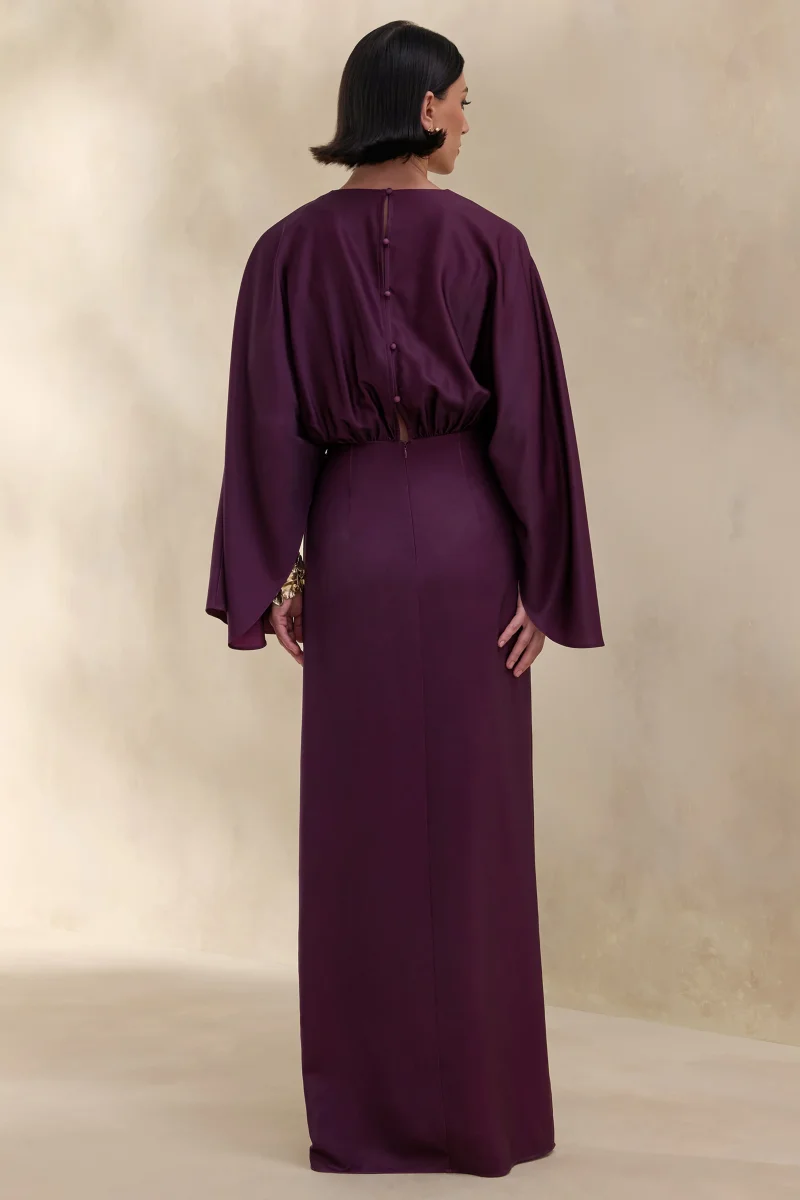 Delphina | Vestido Largo De Satén Ciruela Con Detalles Fruncidos Y Nudo - Imagen 3