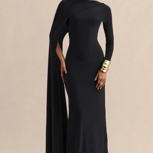 Halina | Negro Cuello Alto Vestido Largo con Manga Capa