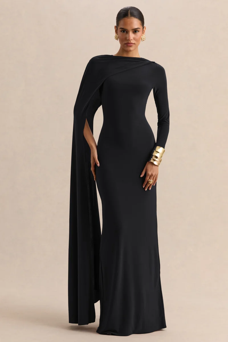 Halina | Negro Cuello Alto Vestido Largo con Manga Capa - Imagen 2