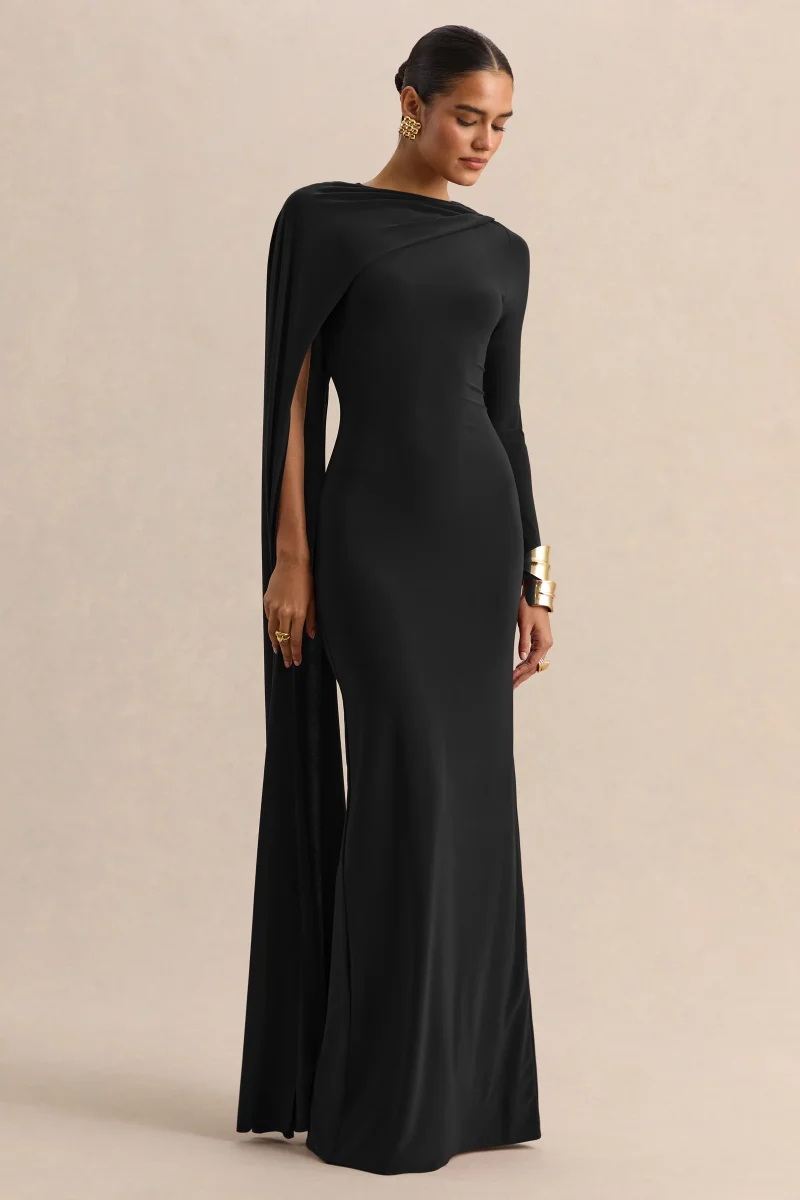 Halina | Negro Cuello Alto Vestido Largo con Manga Capa - Imagen 5