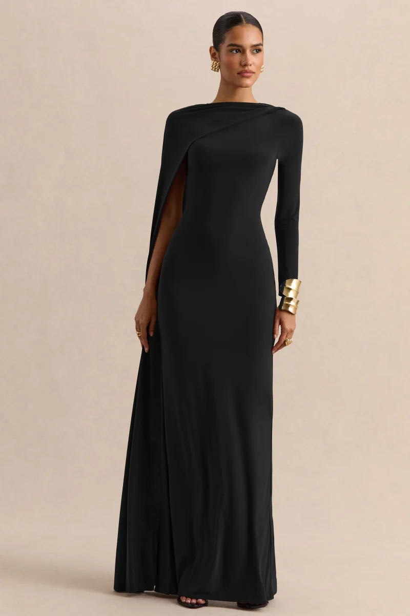 Halina | Negro Cuello Alto Vestido Largo con Manga Capa - Imagen 4