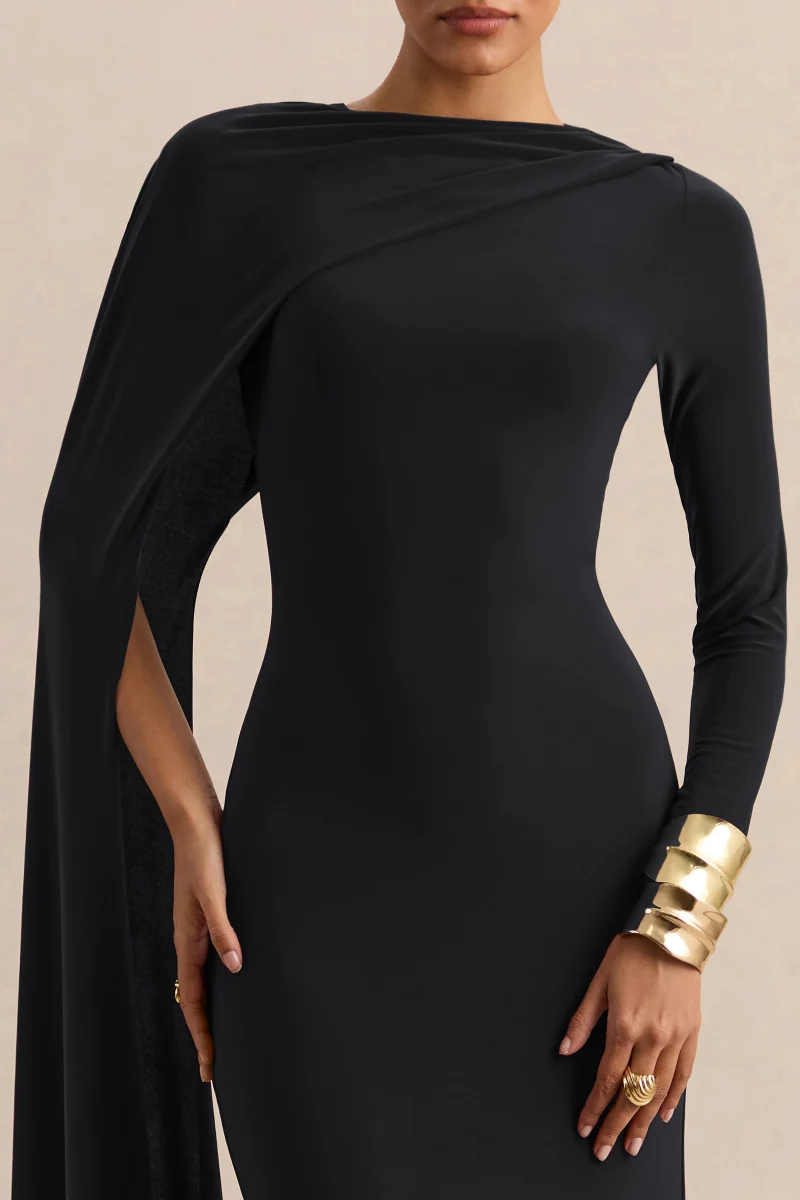 Halina | Negro Cuello Alto Vestido Largo con Manga Capa - Imagen 3