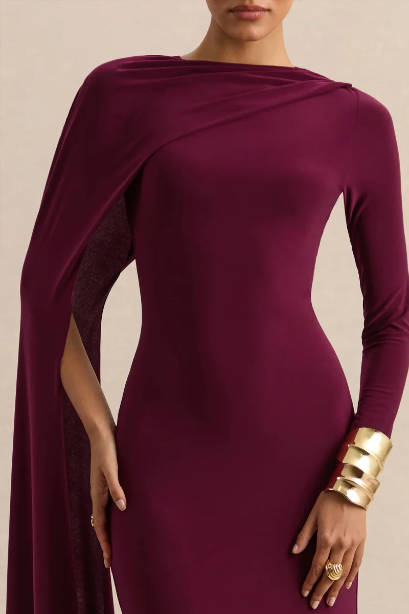 Halina | Burdeos Cuello Alto Vestido Largo con Manga Capa - Imagen 4