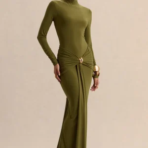 Ambrette | Vestido largo de cuello alto en color verde oliva con detalles fruncidos