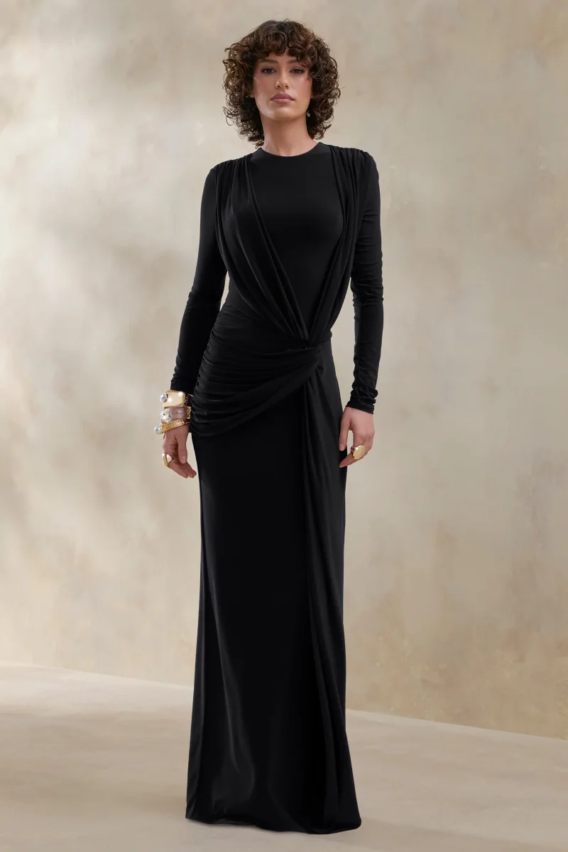 Desirelle | Vestido Largo negro de cuello redondo con detalle fruncido - Imagen 2