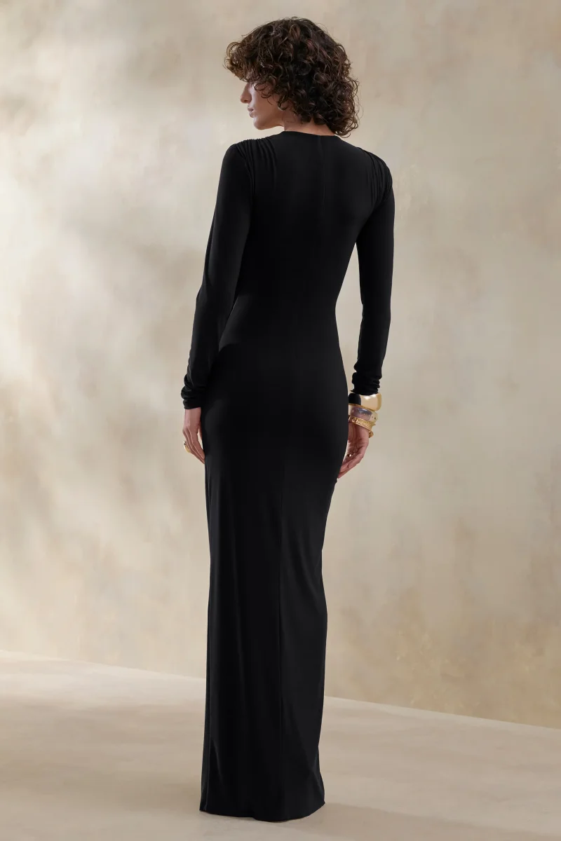 Desirelle | Vestido Largo negro de cuello redondo con detalle fruncido - Imagen 3