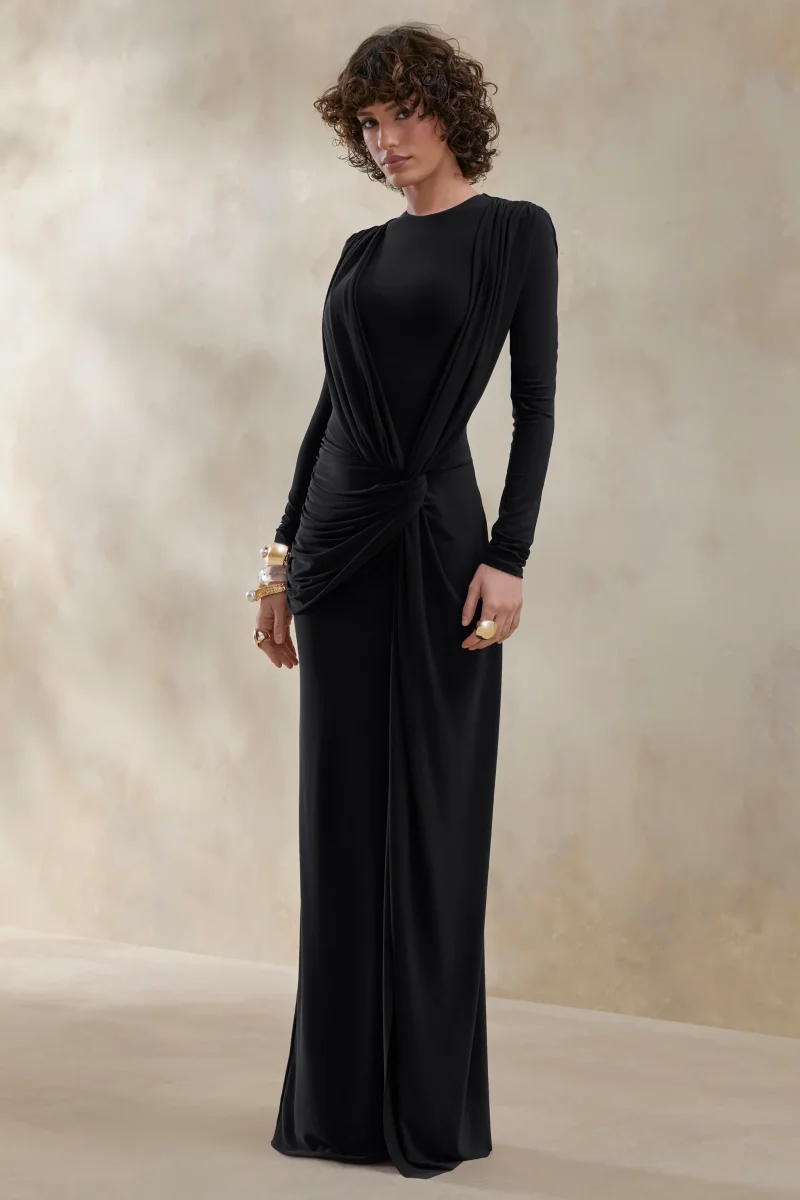Desirelle | Vestido Largo negro de cuello redondo con detalle fruncido - Imagen 6