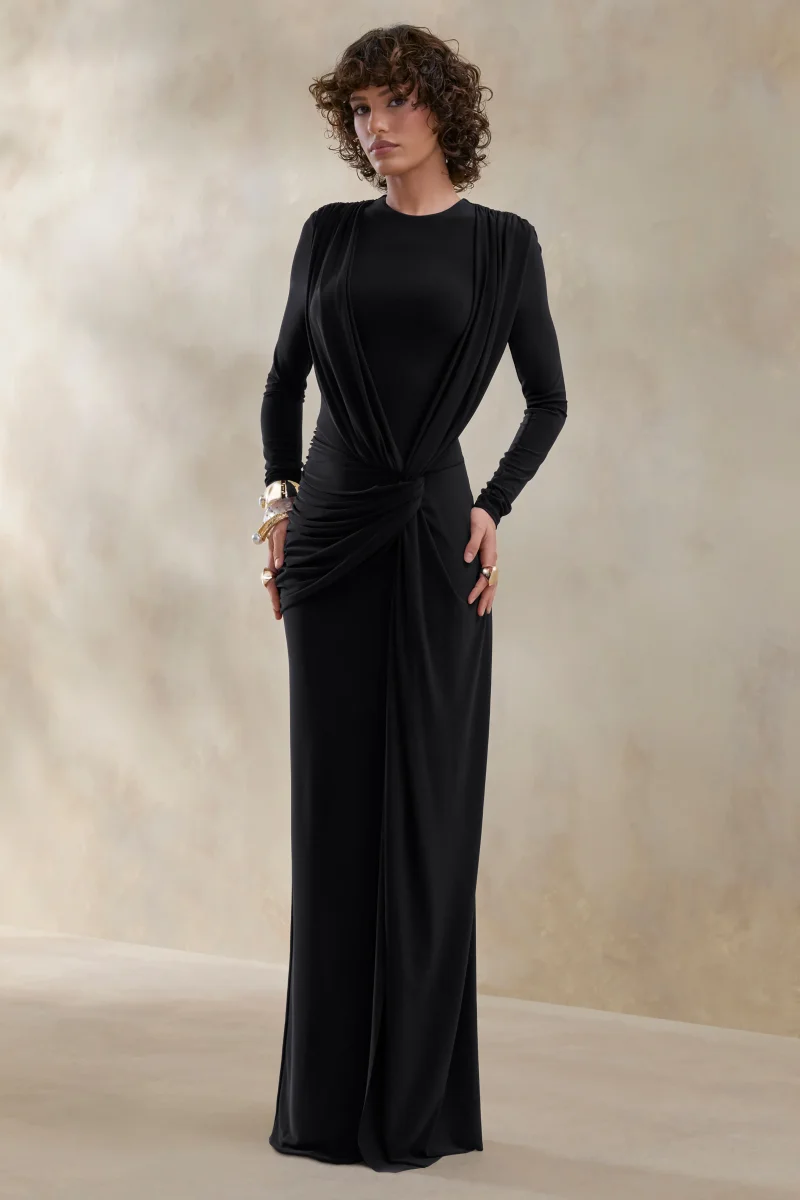 Desirelle | Vestido Largo negro de cuello redondo con detalle fruncido - Imagen 5