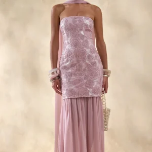 Meraly | Vestido Largo Rosa de Lentejuelas Bandeau con Detalle de Pañuelo
