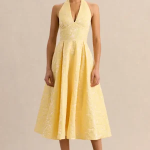 Nyomi | Vestido Midi Limón de Satén de Escote Halter