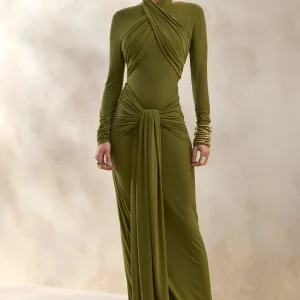 Linessa | Vestido Largo Verde Oliva de cuello alto con banda y detalles fruncidos