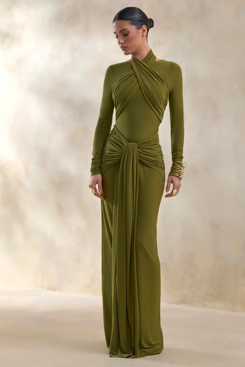 Linessa | Vestido Largo Verde Oliva de cuello alto con banda y detalles fruncidos - Imagen 4