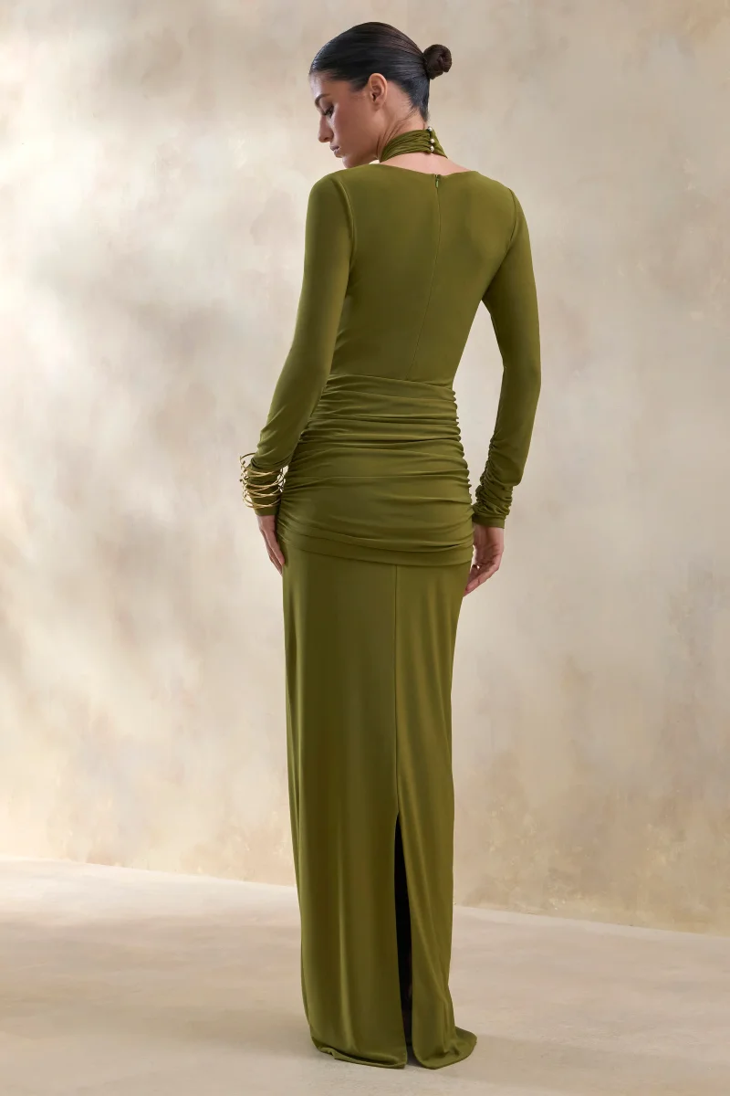 Linessa | Vestido Largo Verde Oliva de cuello alto con banda y detalles fruncidos - Imagen 3
